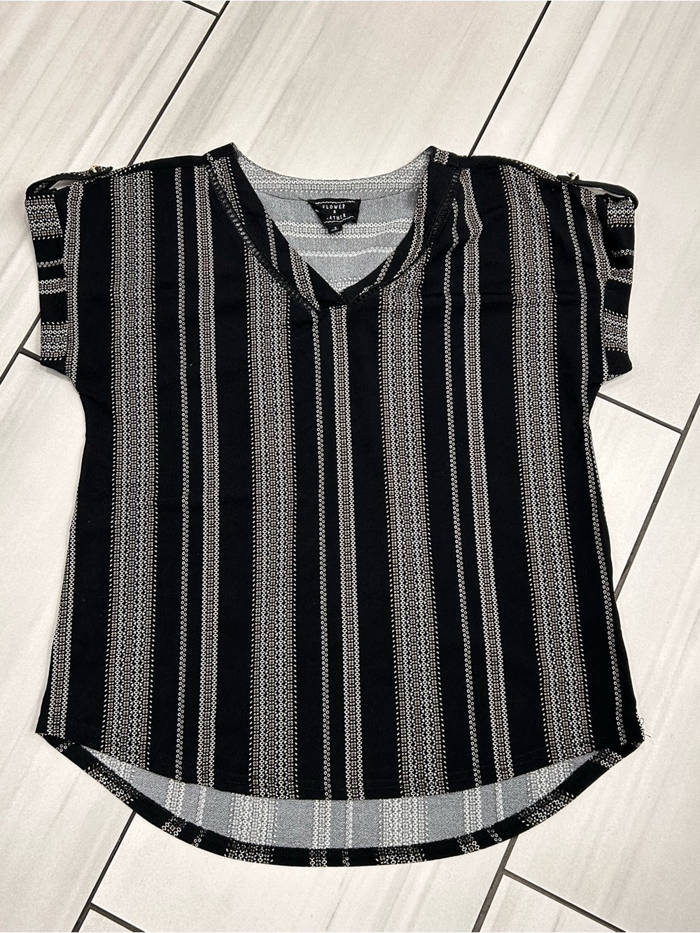 Flower & Feather Small Black/White Striped Short Sleeve Collared Blouse
